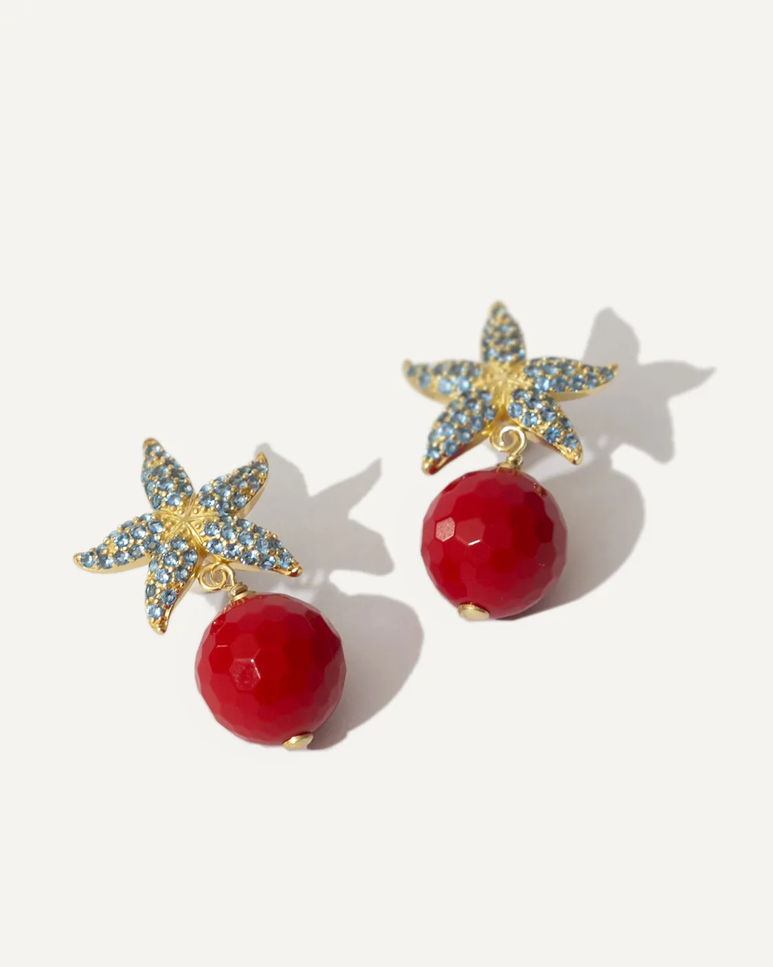 Krill Starfish Silver Earrings with Red Agate Drops