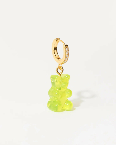 Nostalgia Bear Gold-Plated, Resin and Cubic Zirconia Single Hoop Earring - Lime