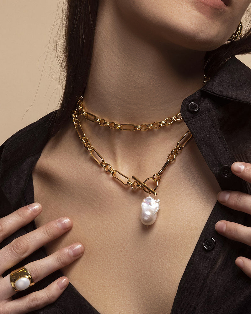 Alba Chunky gemischte Glieder Goldkette mit großer Keshi-Perle