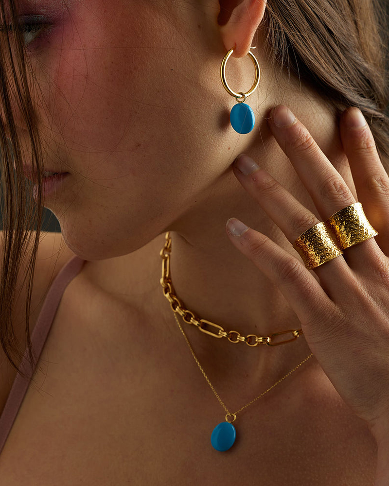 Gold Hoop Earrings with Turquoise Charm