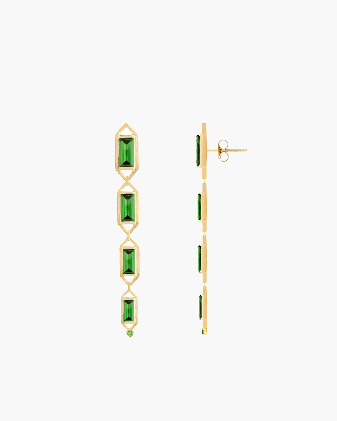Modern Edge Baguette Tsavorite & Emerald Cocktail Drop Earrings